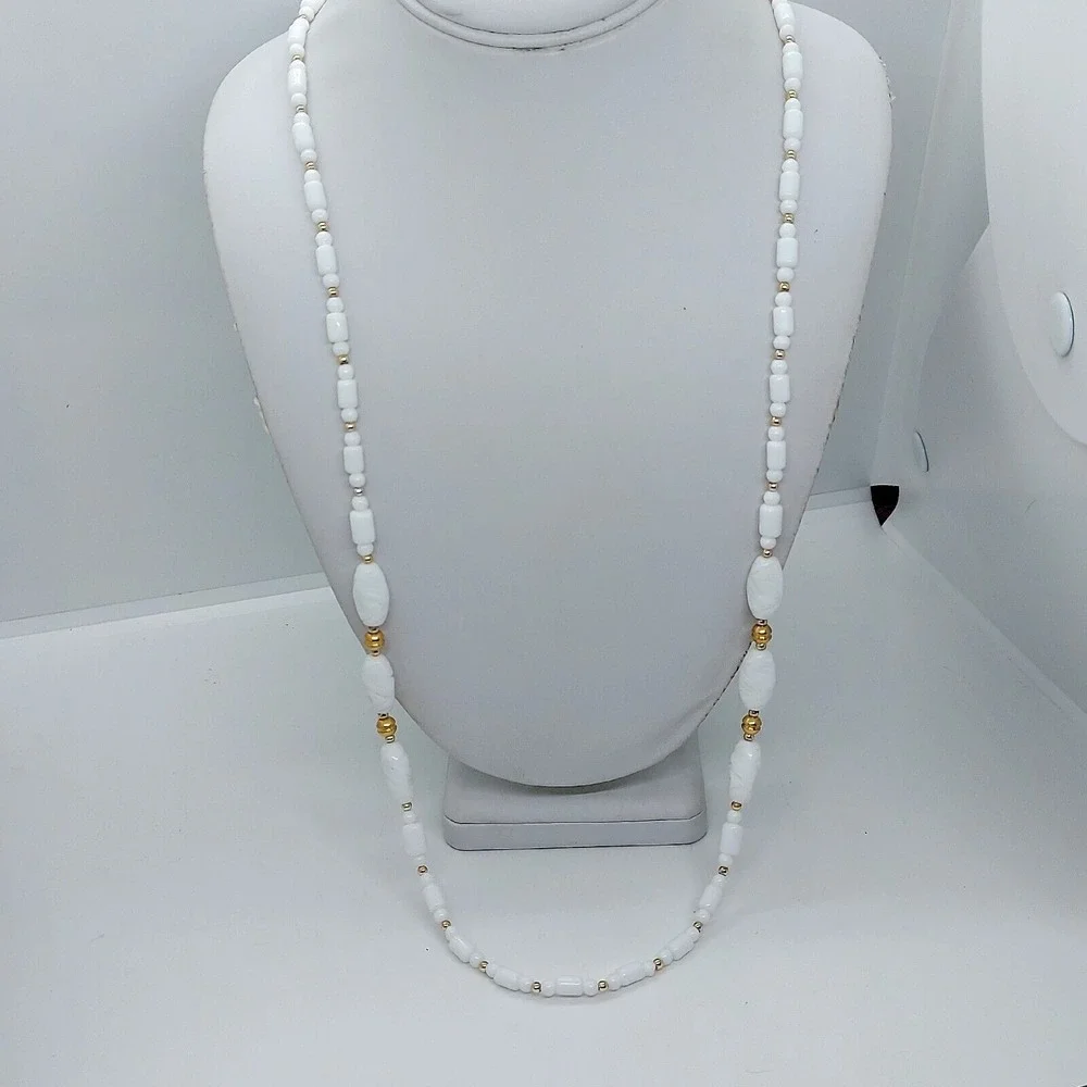 White Glass Beaded Necklace Gold‎ Tone Accent Beads Statement Necklace